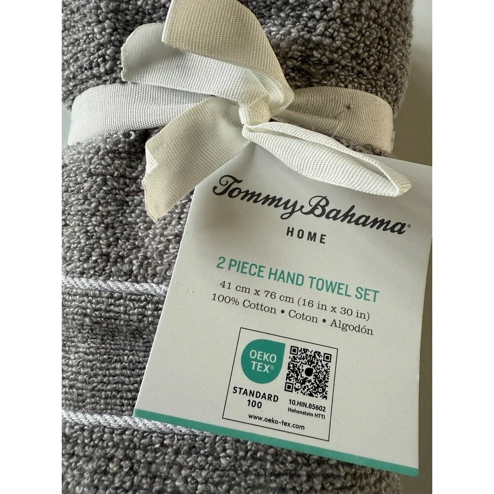 Tommy Bahama Hand Towels Gray White Stripes 100% Cotton 16x30 Inches Set Of 2